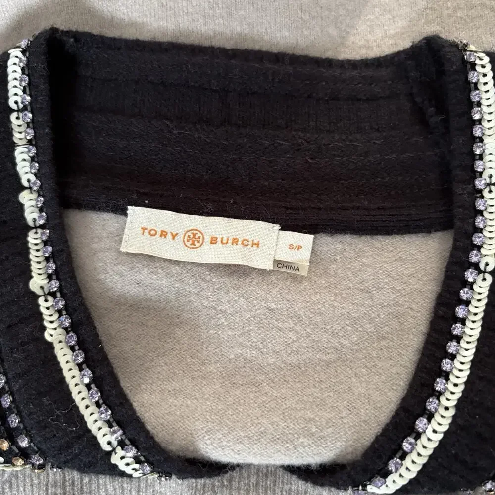 Tory Burch Gray Merino Wool Embellished Sequin V-Neck Sweater Size S/P Preppy